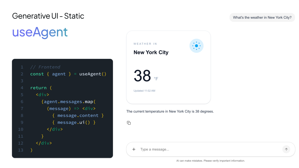 CopilotKit 공식 Controlled Generative UI 예시. 개발자가 정의한 날씨 UI를 도구 호출에 연결하는 구조