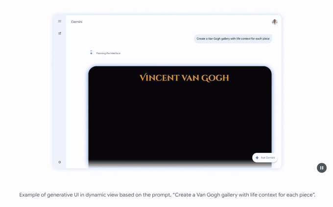 Gemini 앱에서 "Create a Van Gogh gallery with life context for each piece" 프롬프트를 dynamic view로 실행하면, 인터페이스를 계획하는 단계를 거쳐 시대별 탭과 작품 이미지, 생애 맥락 설명과 인용문이 배치된 대화형 갤러리 화면이 생성되는 과정