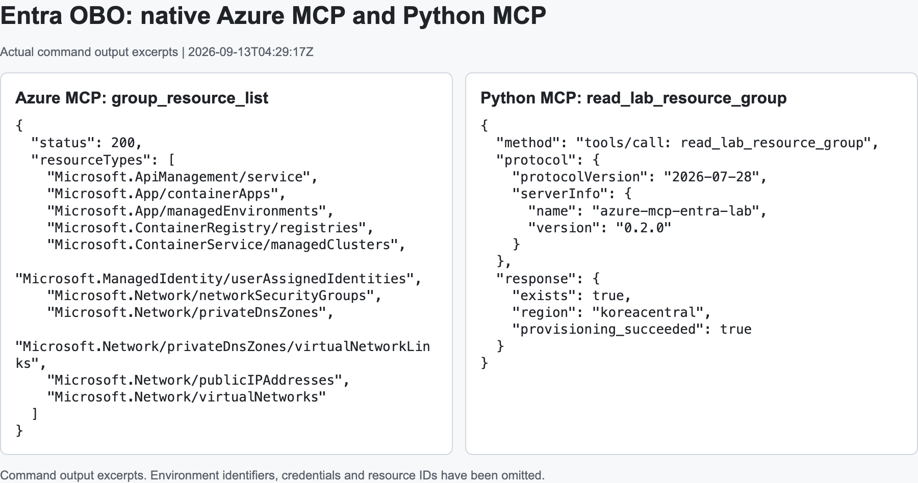 Native Azure MCP의 ARM 조회 응답과 Python MCP의 최신 protocol 연결 및 OBO 결과