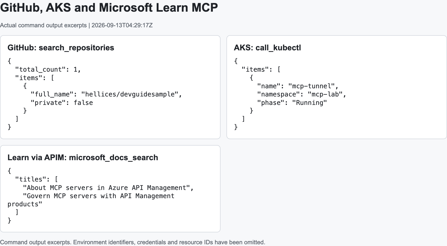 GitHub repository 검색, 새 AKS pod 조회, APIM을 통한 Learn 검색의 실제 응답 발췌