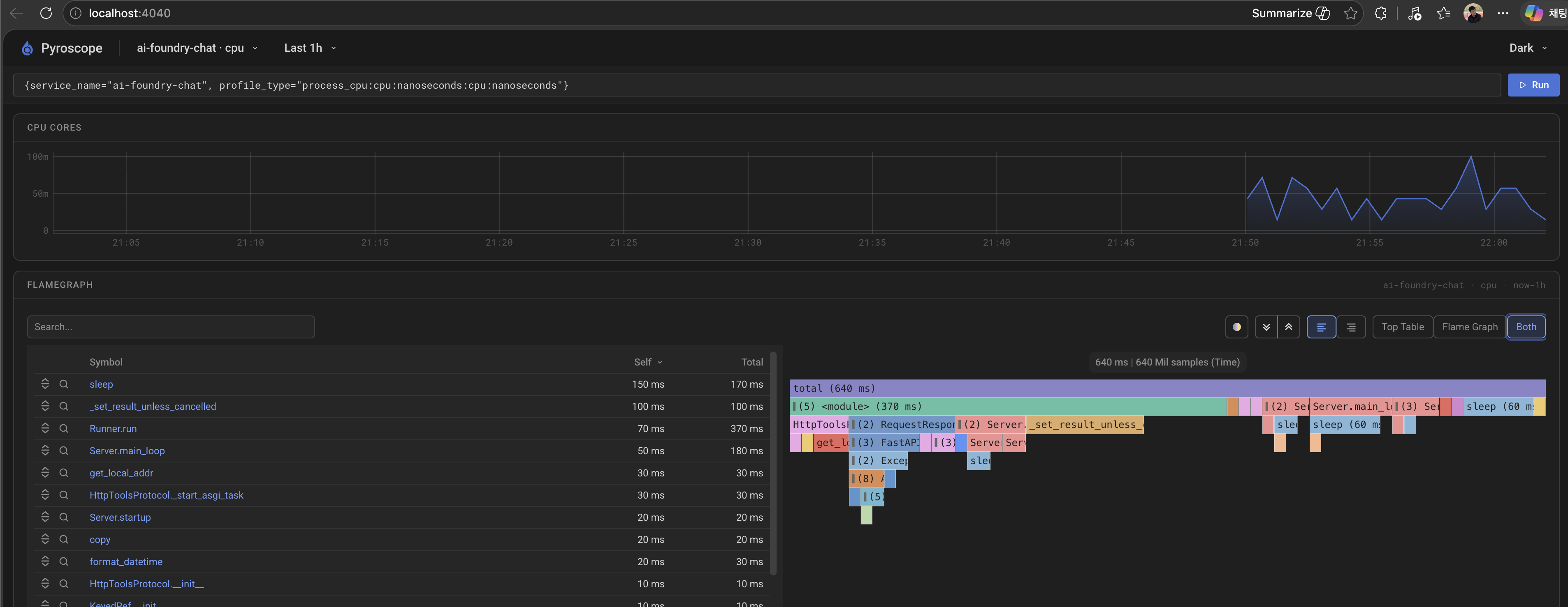Pyroscope UI - ai-foundry-chat flame graph