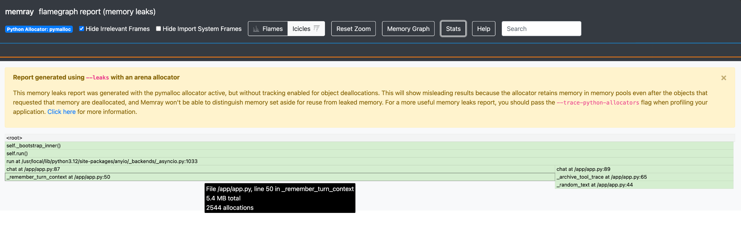 memray --leaks 플레임그래프: chat → _remember_turn_context (app.py:50) 와 _archive_tool_trace (app.py:65) 가 미해제 메모리의 대부분을 차지