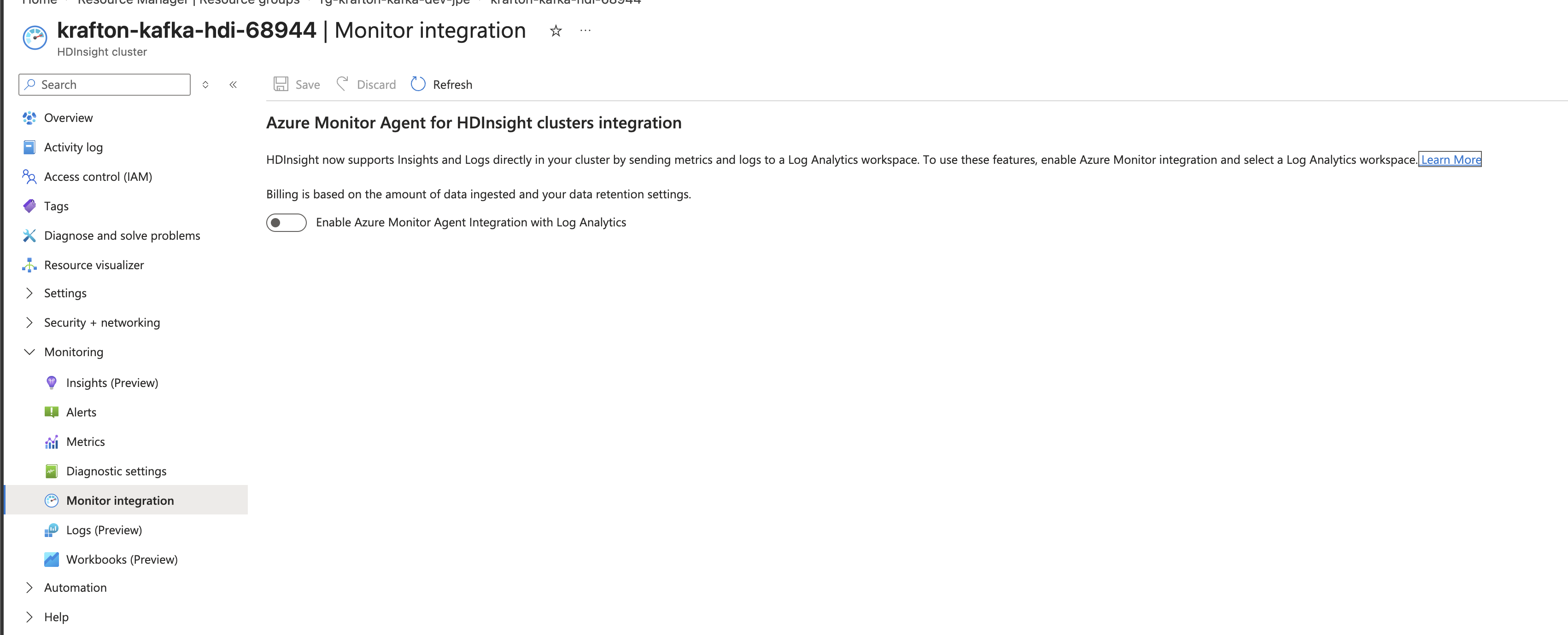HDInsight Monitor integration 활성화 화면