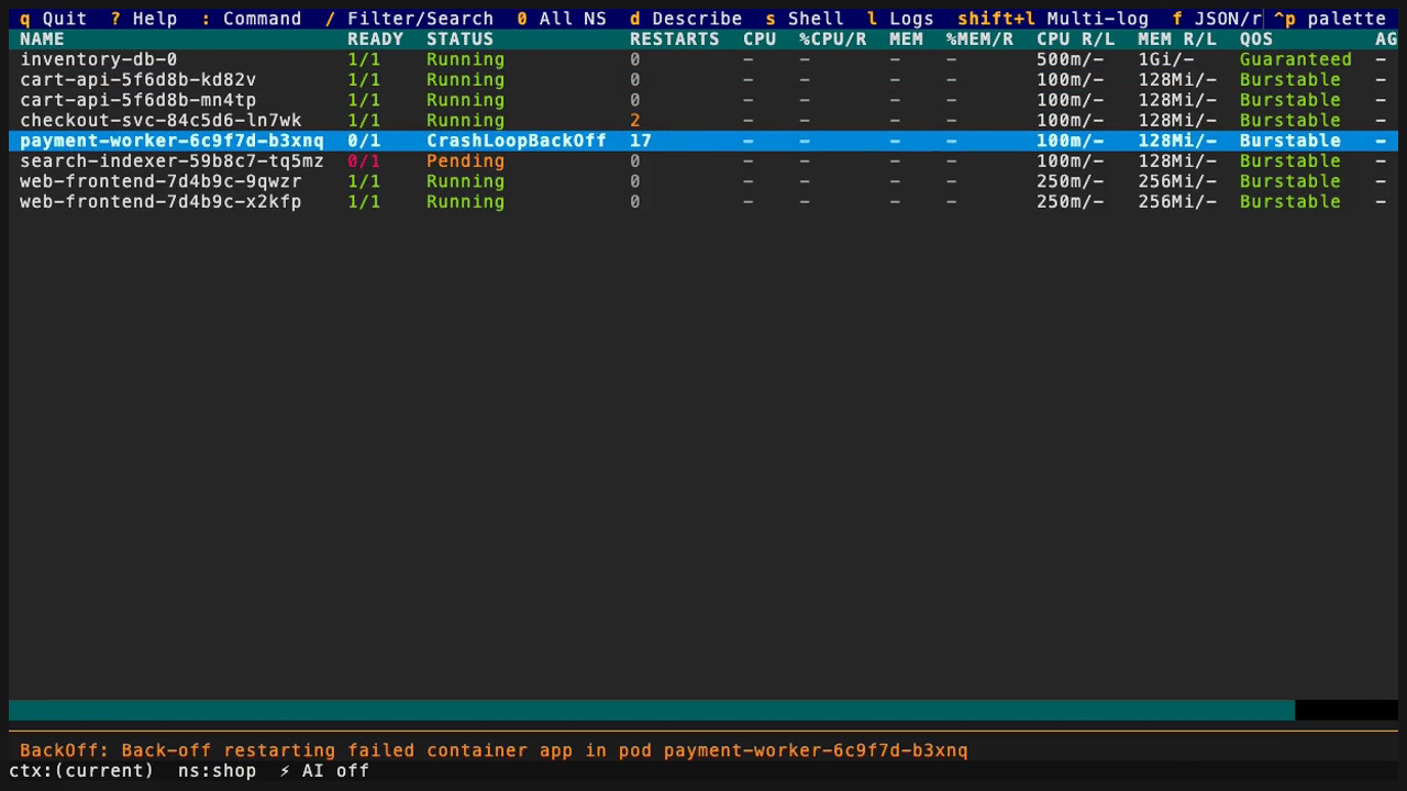 Korvid pod table for a synthetic shop namespace with the crash-looping payment worker selected and its BackOff warning in the ops hint strip